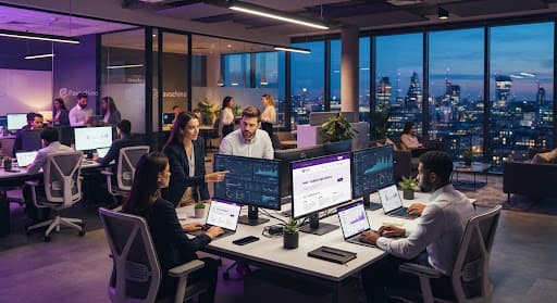 A modern team workspace with website strategy and analytics on large displays.